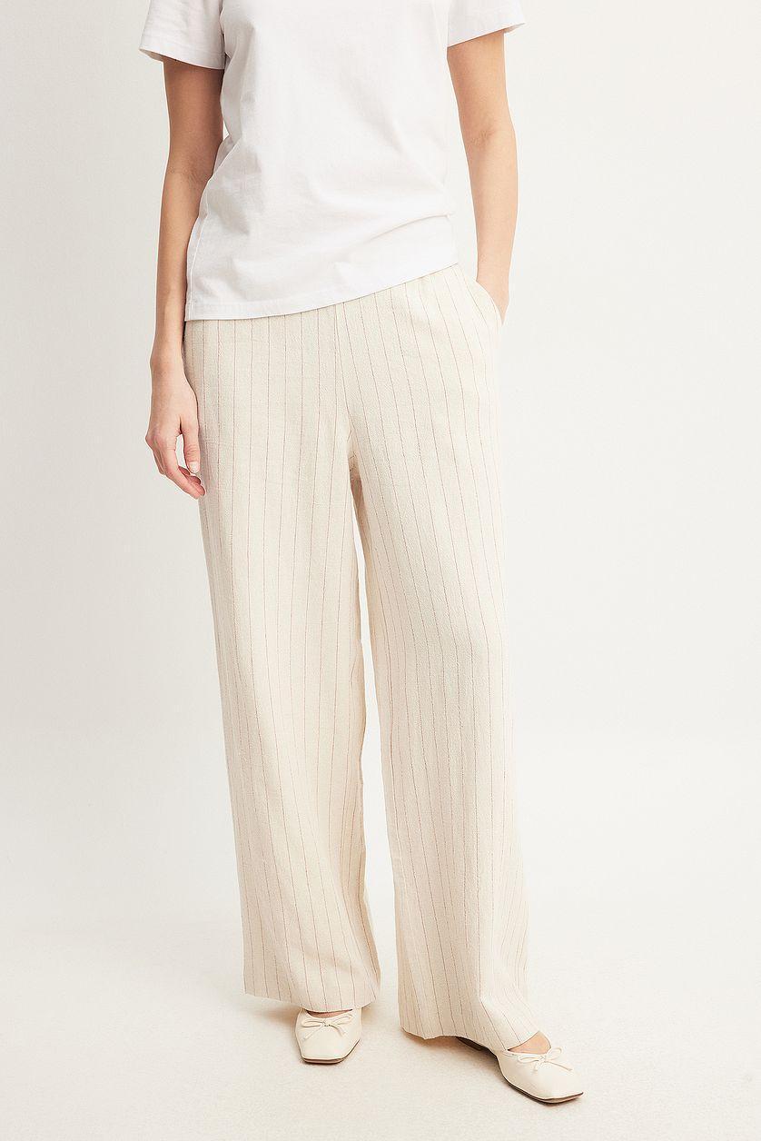 Elastic Mid Waist Linen Blend Pants Beige Product Image