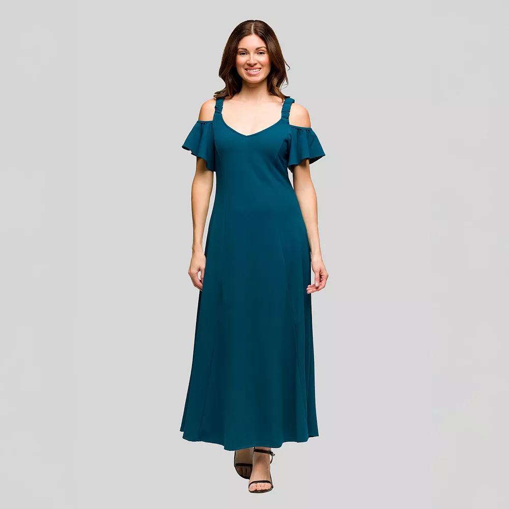 Women's 24Seven Comfort Apparel Cold Shoulder Ruffle Sleeve A-Line Maxi Dress,  Product Image