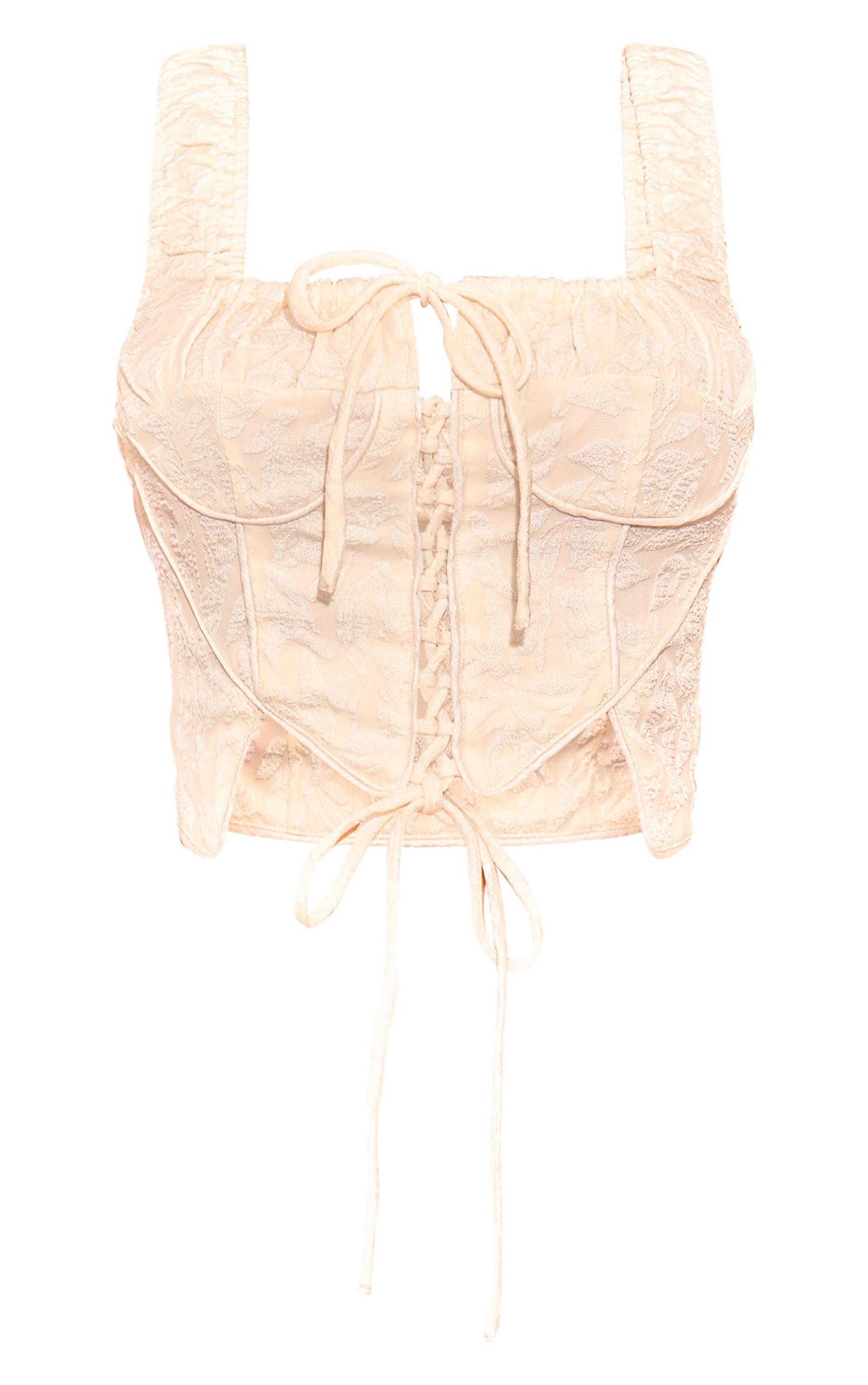 Cream Textured Lace Up Ruched Straps Corset Product Image