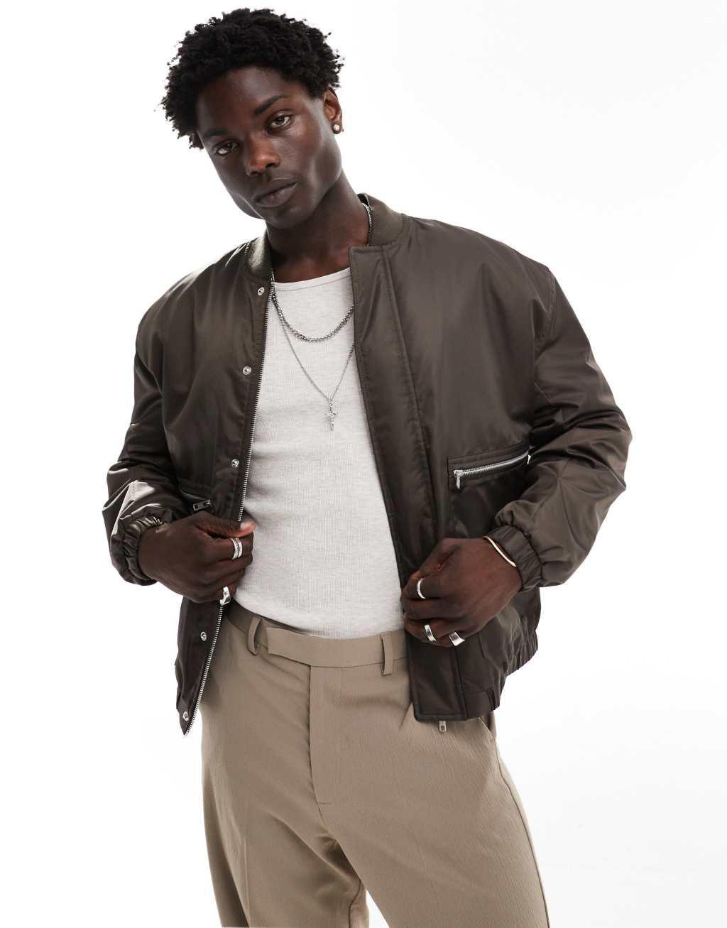 ASOS DESIGN oversized satin bomber jacket in brown Product Image