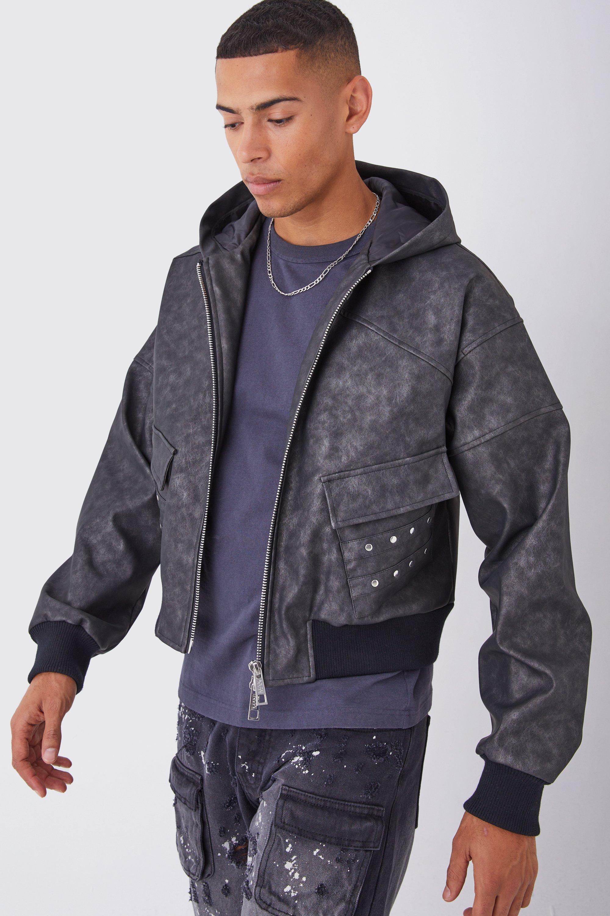 Boxy Washed PU Hooded Bomber Jacket | boohooMAN USA Product Image