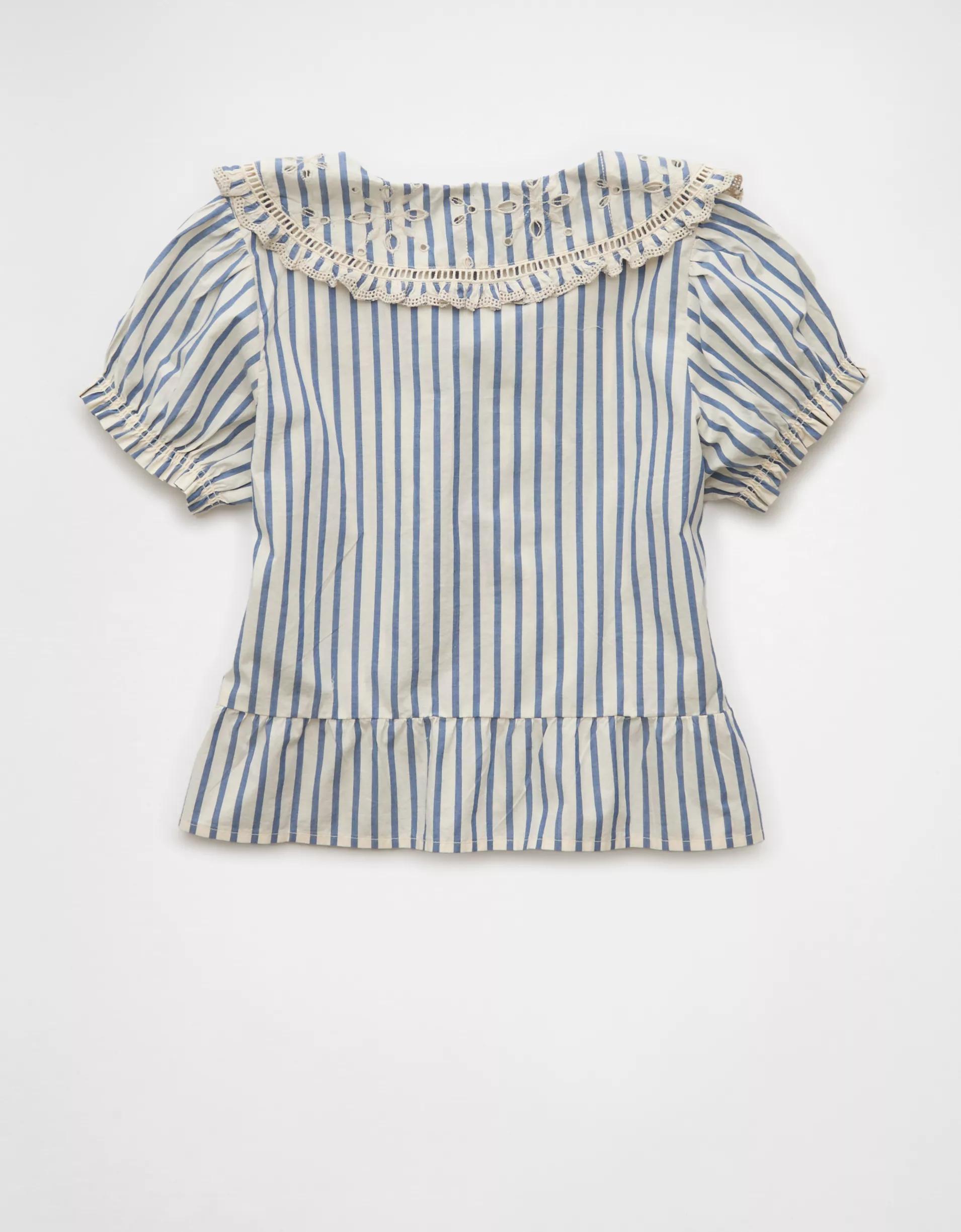 AE Collared Puff Sleeve Tie Front Blouse Product Image