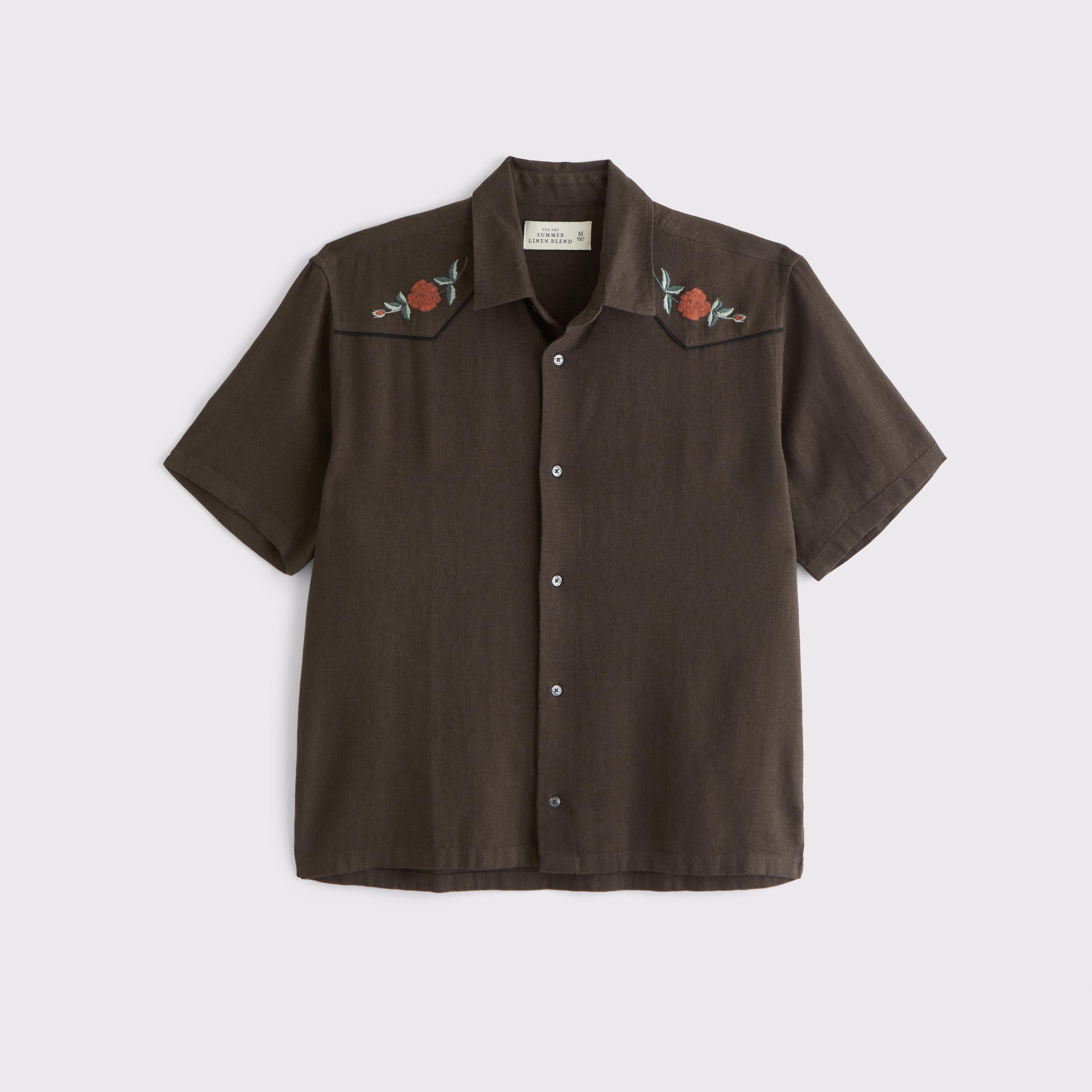 Short-Sleeve Summer Linen-Blend Button-Up Shirt Product Image