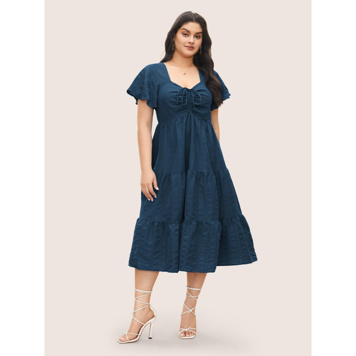 Plus Size Plain Ruched Drawstring Pocket Ruffle Tiered Dress Aegean Women Elegant Non V-neck Short sleeve Curvy Midi Dress BloomChic 26/4X Product Image