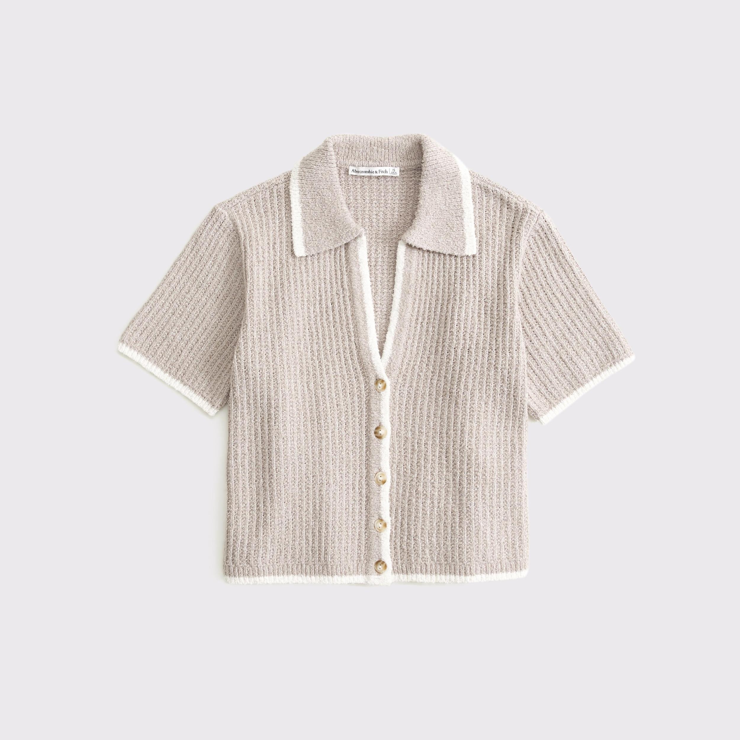 Short-Sleeve Crochet-Style Polo Product Image