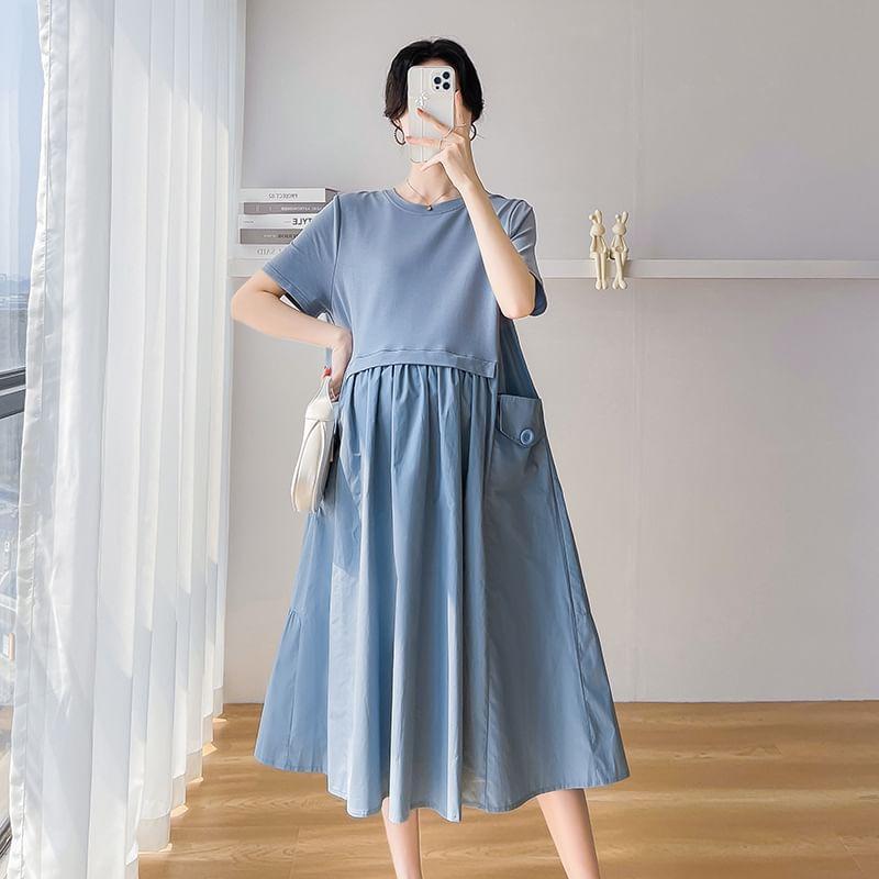 Maternity Short-Sleeve Crewneck Plain Midi A-Line Dress Product Image