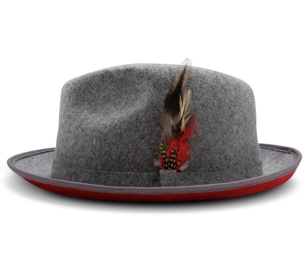 2 ¼" Brim Wool Felt Dress Hat with Feather Accent Gray with Red Bottom Product Image