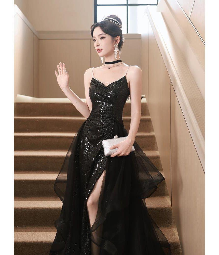 Spaghetti Strap V-Neck Glitter Mesh A-Line Evening Gown Product Image