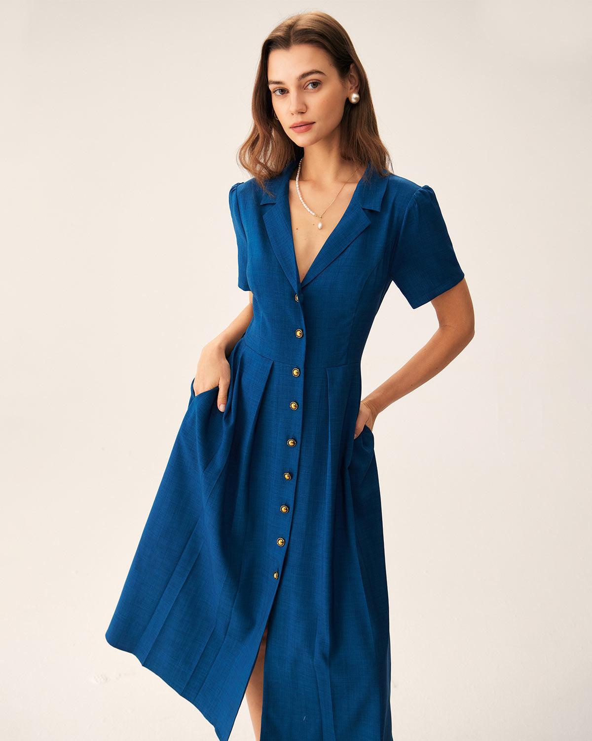 Blue V Neck Pleated Button Midi Dress Product Image