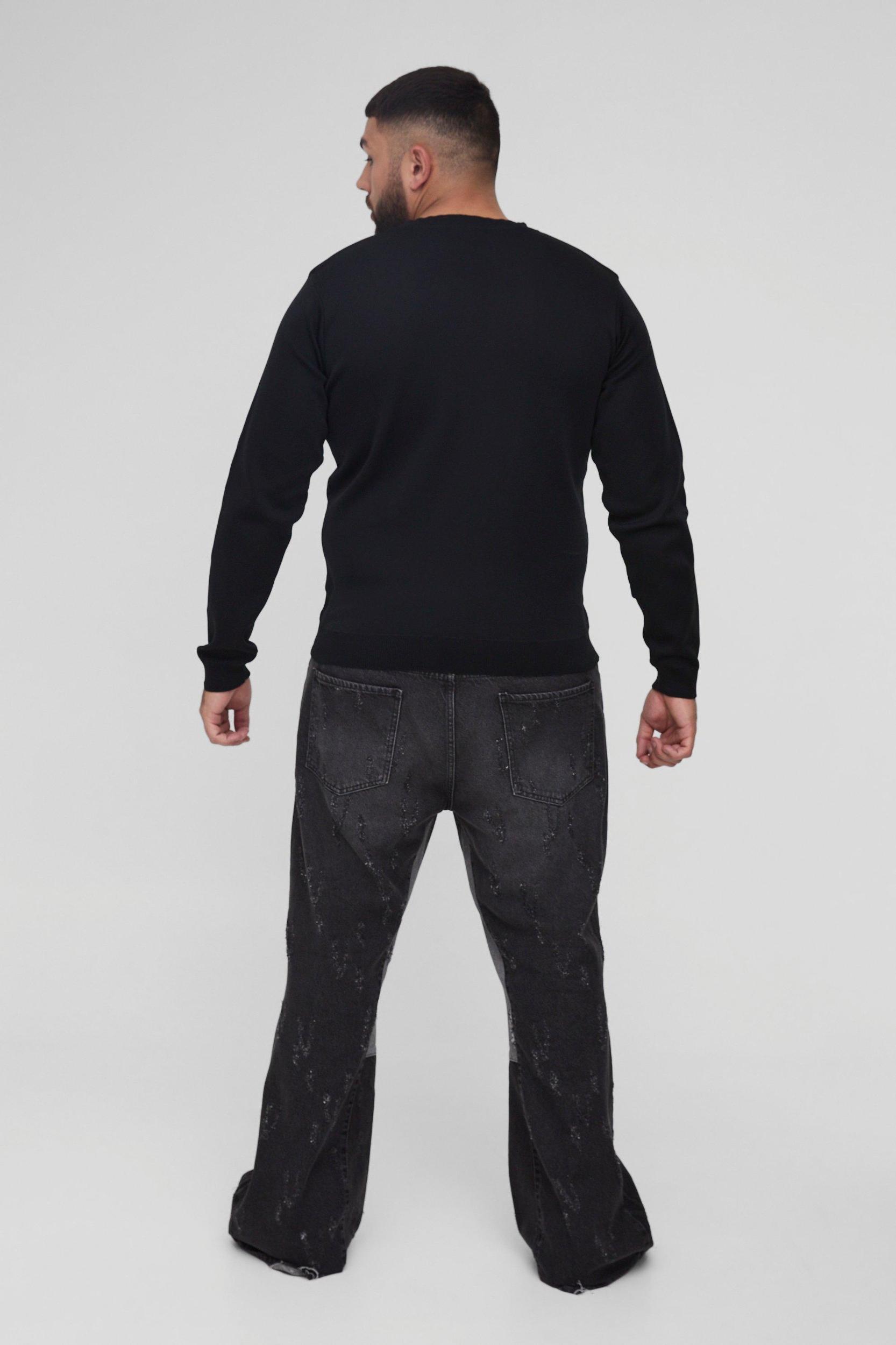 Plus Basic Regular Fit Crew Neck Sweater in Black | boohooMAN USA Product Image