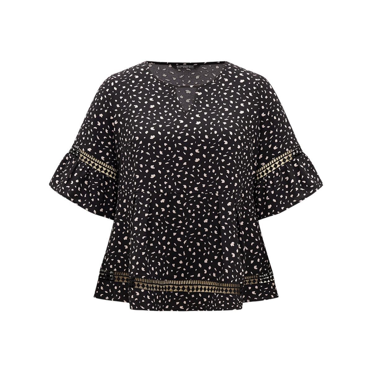 Plus Size Black Leopard Print Flutter Sleeve Keyhole Hollow Out Blouse Women Elegant Half Sleeve Keyhole Cut-Out Dailywear Blouses BloomChic 26/4X Product Image