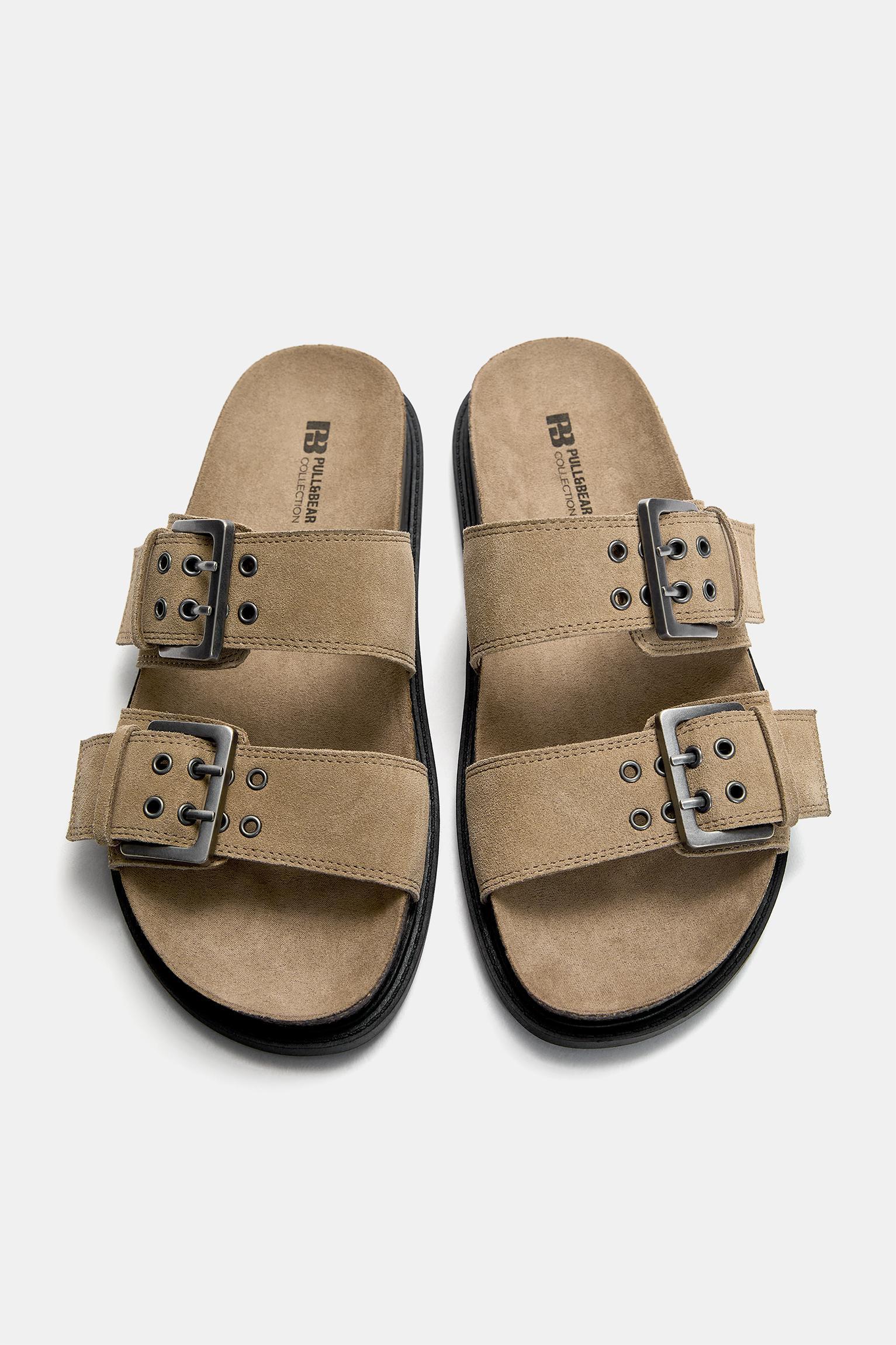 Leather flat sandals with buckles Product Image