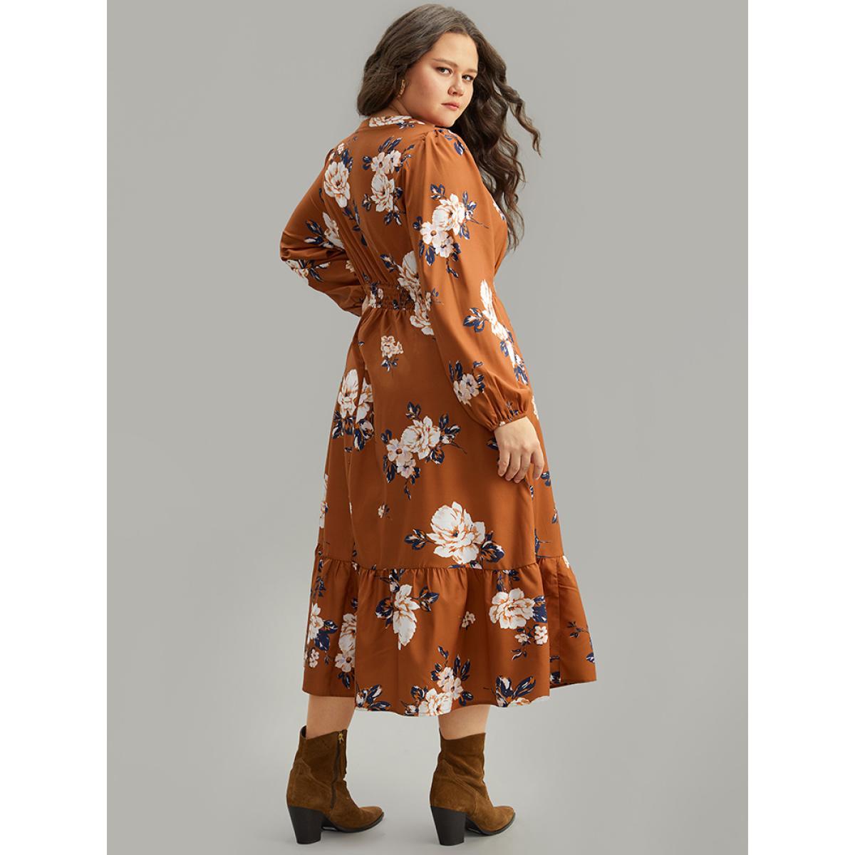 Plus Size Floral Print Notched Shirred Elastic Cuffs Dress Chocolate Women Elegant Elastic cuffs Notched collar Long Sleeve Curvy Midi Dress BloomChic 22-24/3X Product Image