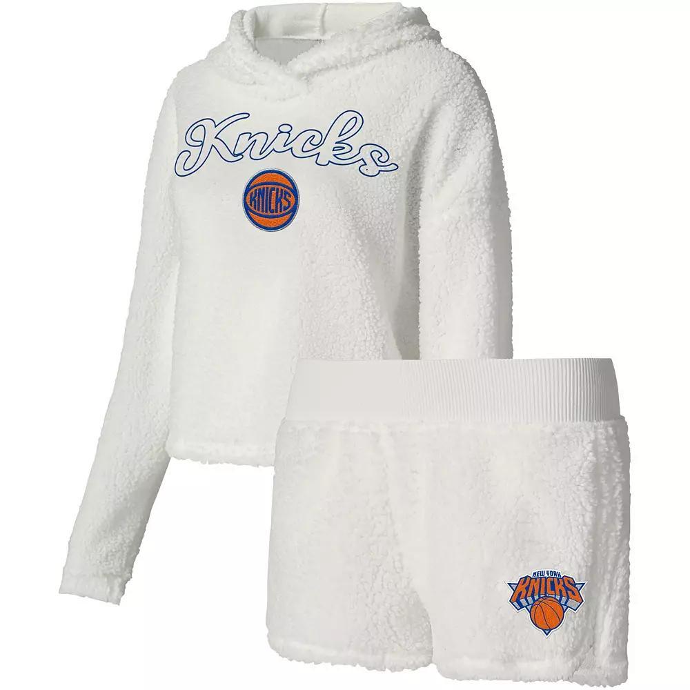 Women's College Concepts Cream New York Knicks Fluffy Long Sleeve Hoodie T-Shirt & Shorts Sleep Set, Size: XL, White Product Image