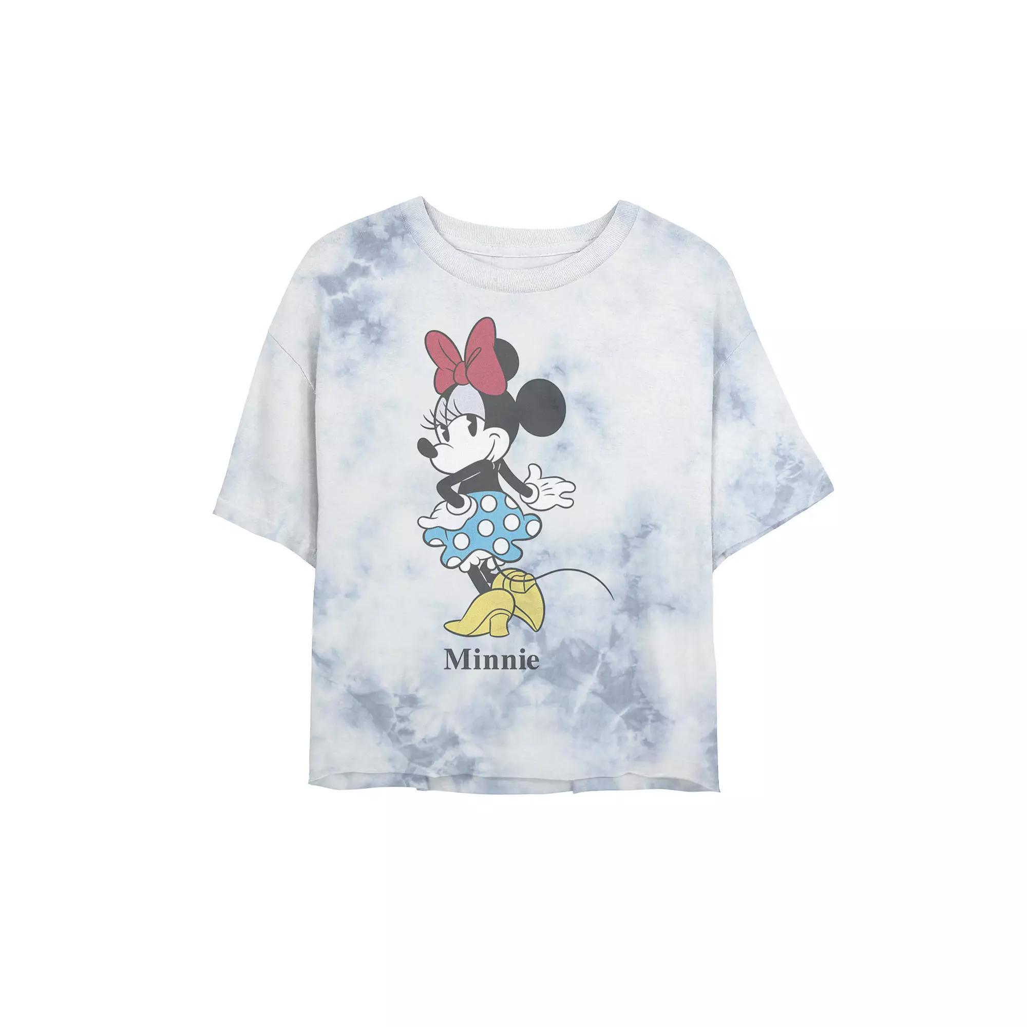 Juniors' Disney Mickey And Friends Minnie Classic Text Portrait Bombard Wash Crop Graphic Tee, Women's, Size: XL, White Blue Product Image