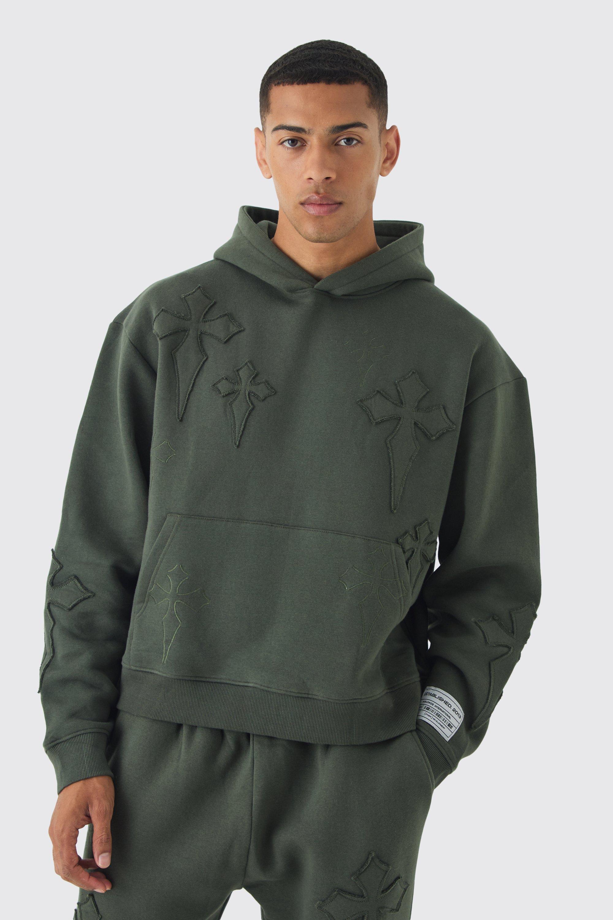 Oversized Boxy Cross Applique Hoodie | boohooMAN USA Product Image