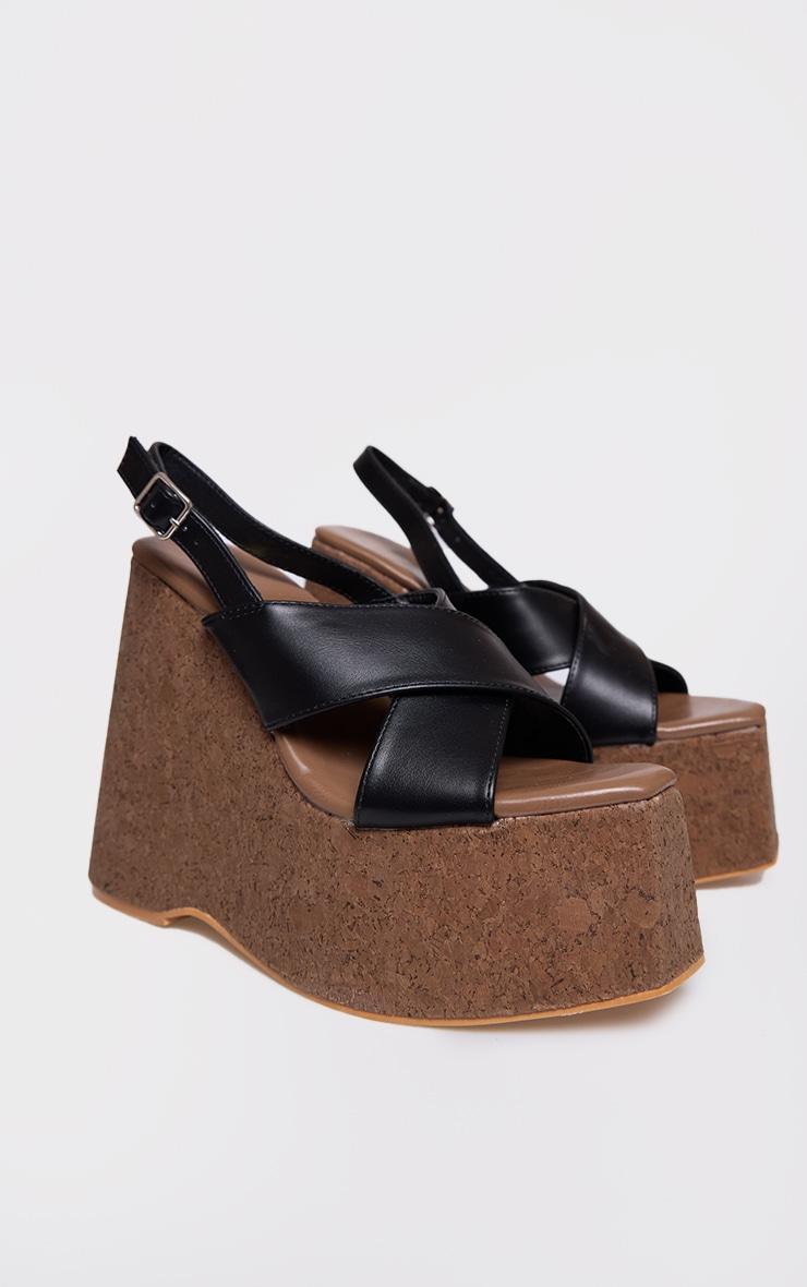 Black PU Square Toe Cross Strap Heeled Wedges Product Image