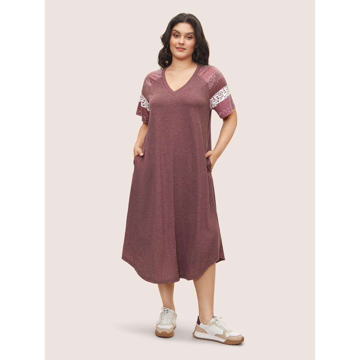 Plus Size Ditsy Floral Patchwork Raglan Sleeve Pocket Dress Russet Women Casual Non V-neck Short sleeve Curvy Midi Dress BloomChic 28/5X Product Image