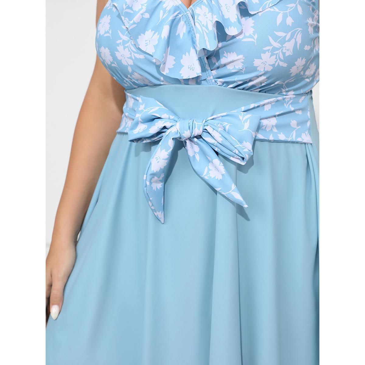 Plus Size Floral Patchwork Ruffle Trim Knot Front Swim Dress Women's Swimwear LightBlue Vacation Bodycon V-neck High stretch Curve Swim Dresses BloomChic 28/5X Product Image