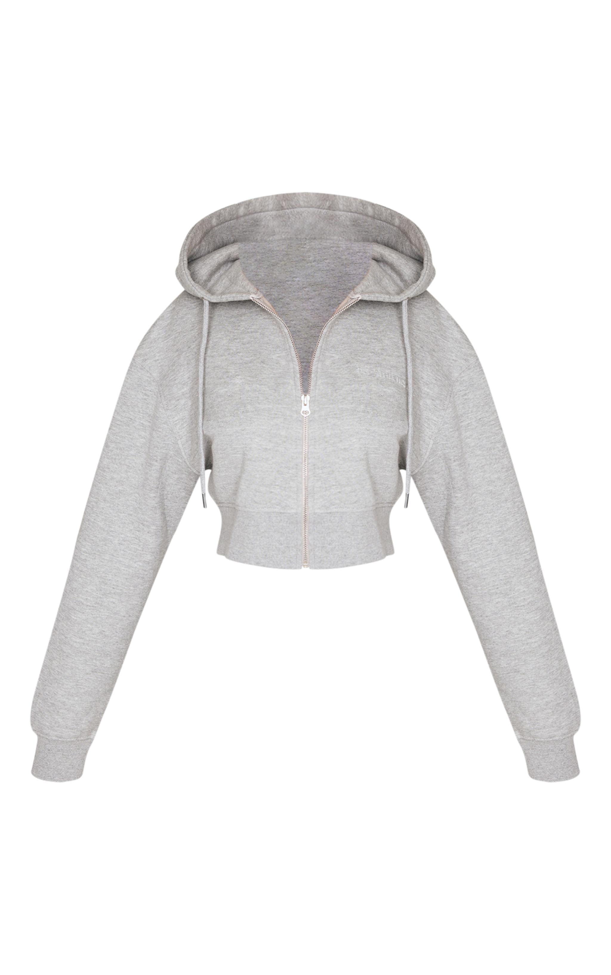 Petite Ash Grey Zip Up Embossed Detail Crop Hoodie Product Image