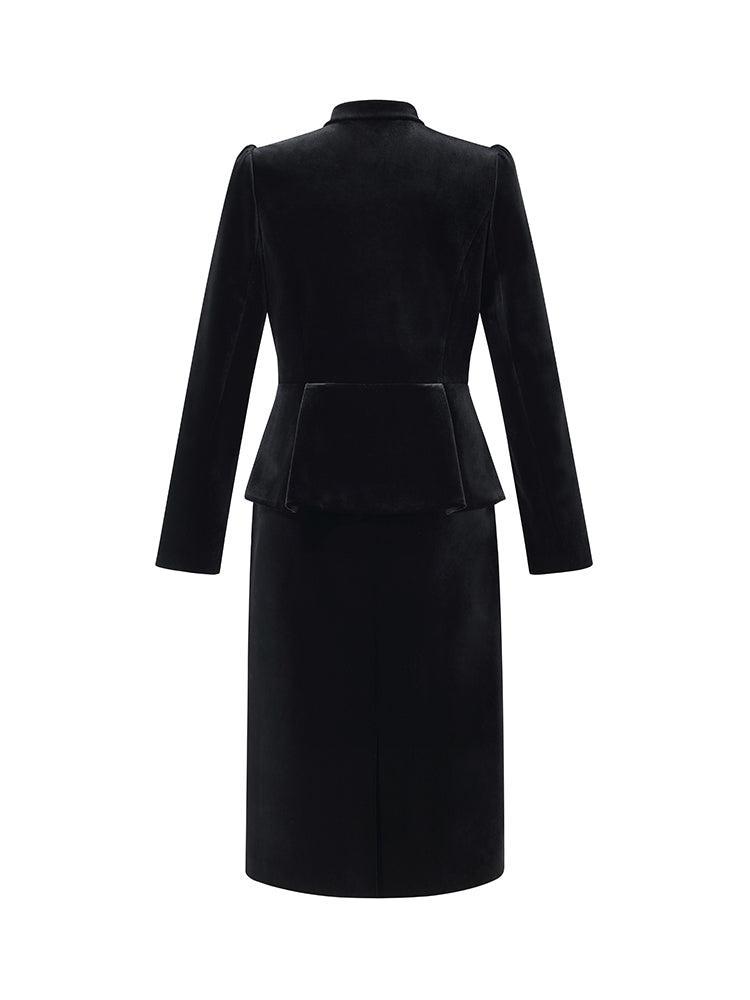 Velvet Mandarin Collar Ruffle Hem Jacket And Back Slit Skirt Two-Piece Product Image