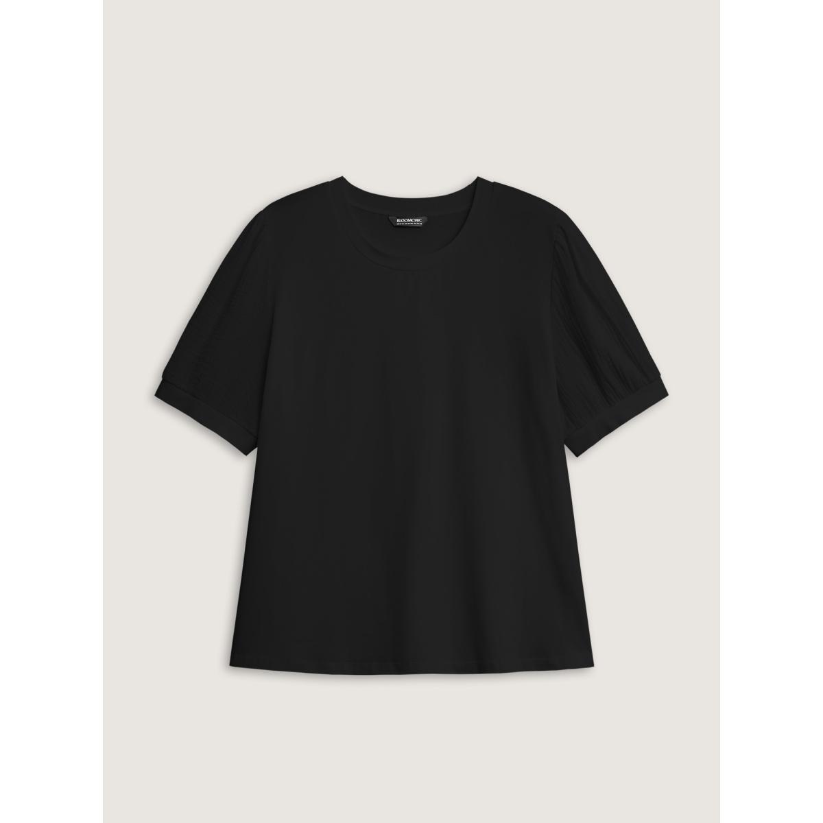 Plus Size Plain Textured Patchwork Lantern Sleeve T-Shirt Black Women Leisure Texture Round Neck Casual T-shirts BloomChic 22-24/3X Product Image