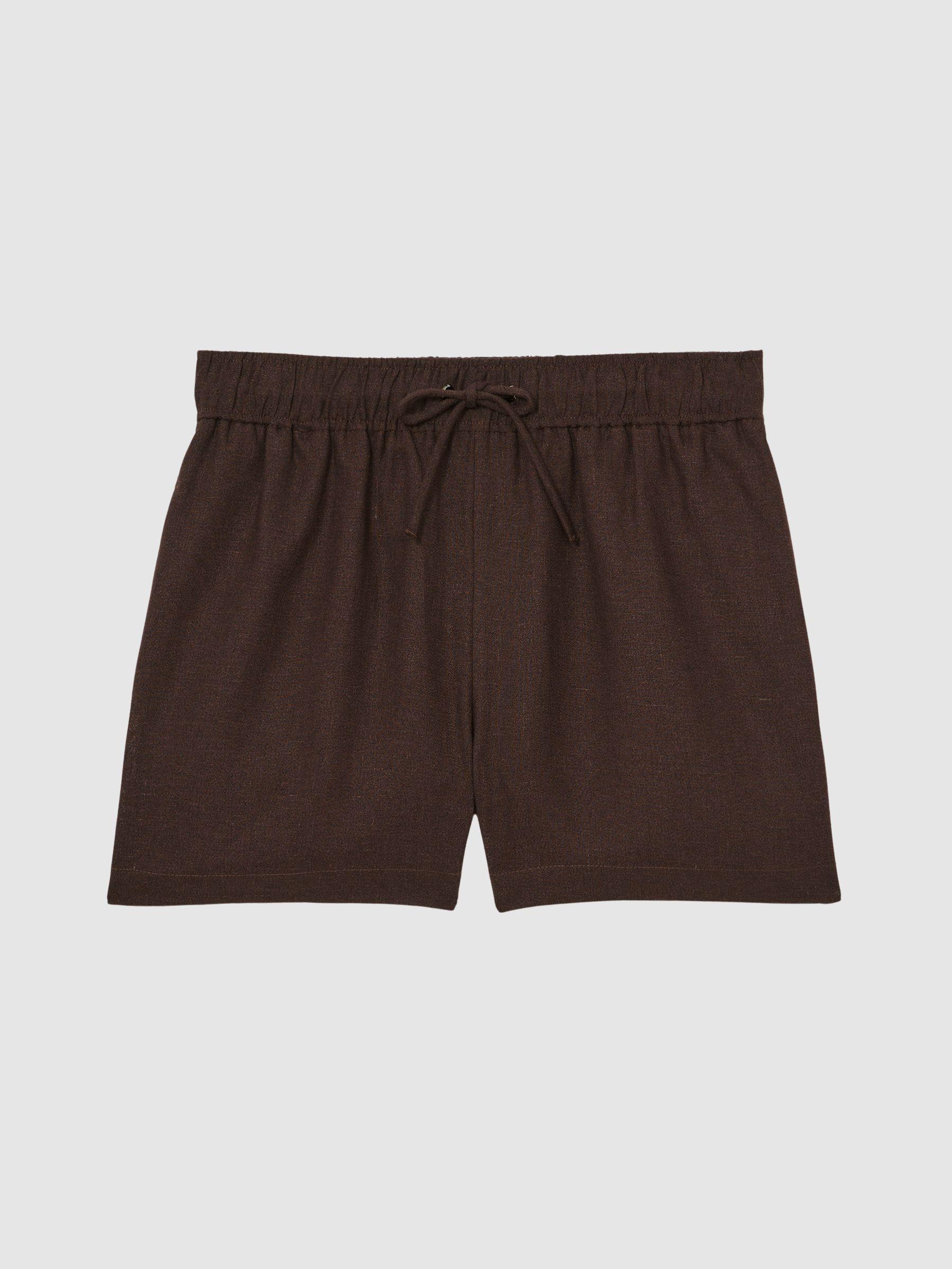 Linen Blend Drawstring Shorts in Chocolate Brown Product Image
