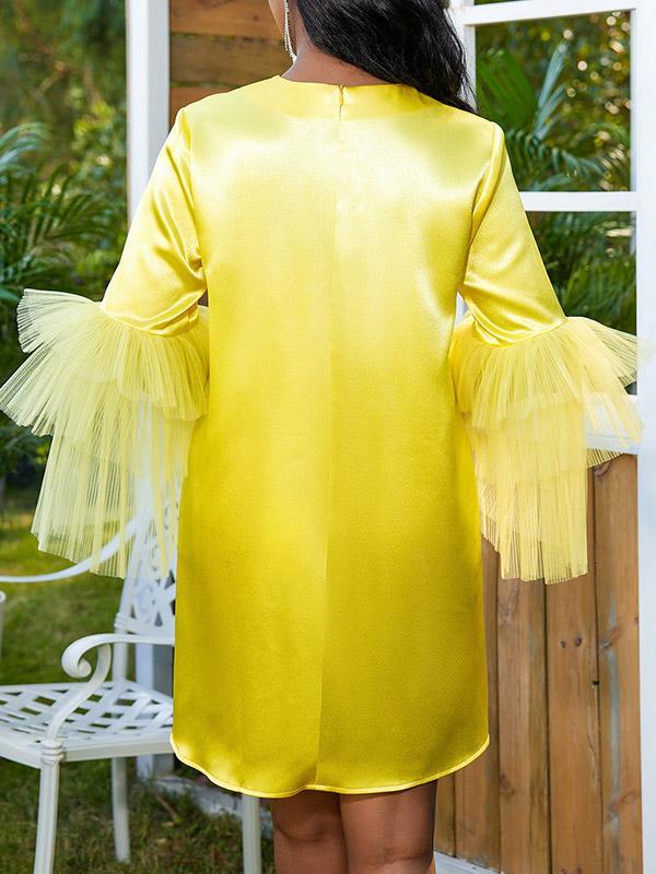 Half Sleeves Loose Shiny Solid Color Split-Joint Tulle Round-Neck Mini Dresses Product Image