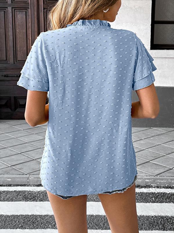 Loose Ruffle Sleeves Jacquard Pleated Solid Color V-Neck Blouses&Shirts Tops Product Image