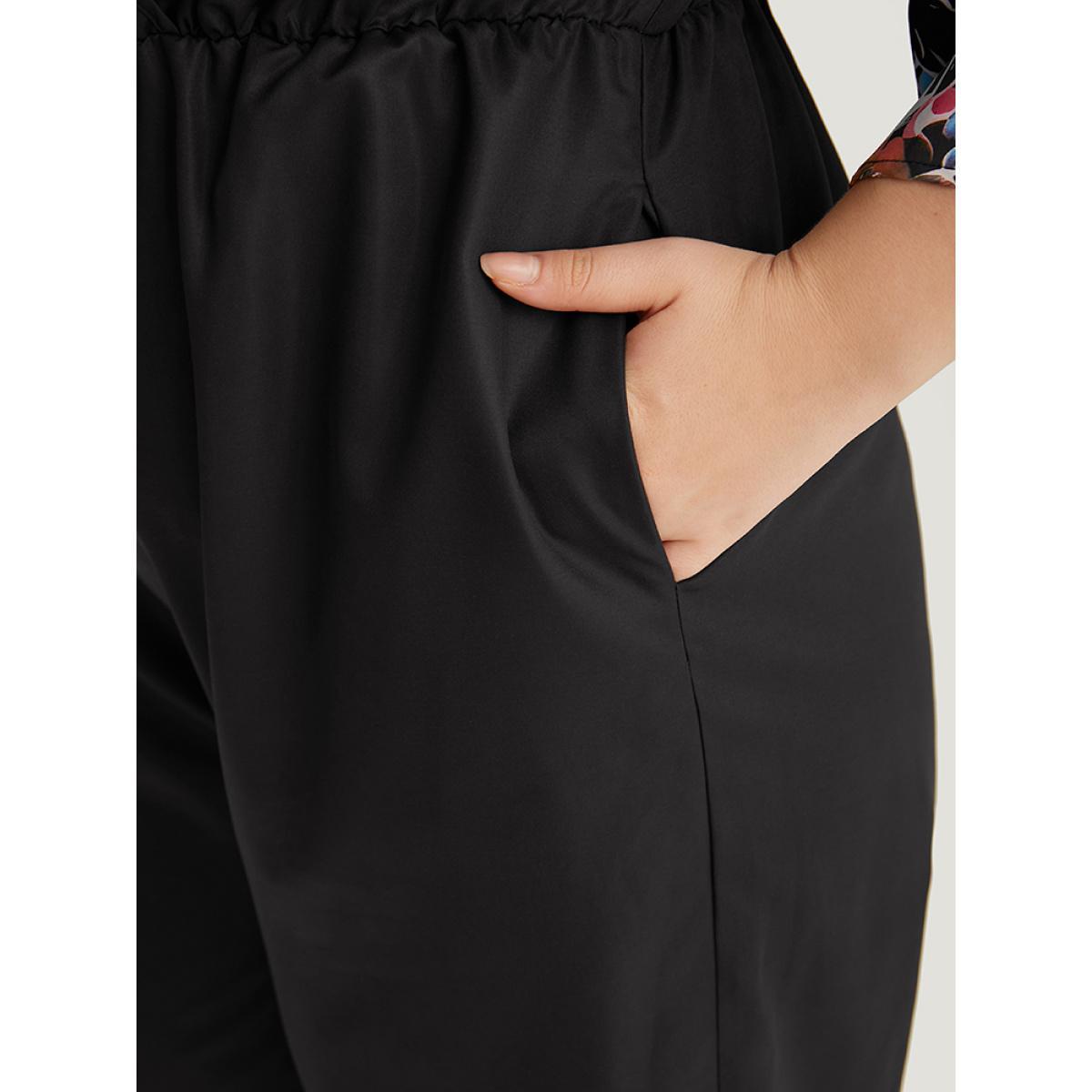 Plus Size Black Boho Print Drawstring Pocket Flutter Sleeve Jumpsuit Women Elegant Elbow-length sleeve V-neck Everyday Loose Jumpsuits BloomChic 10/M Product Image