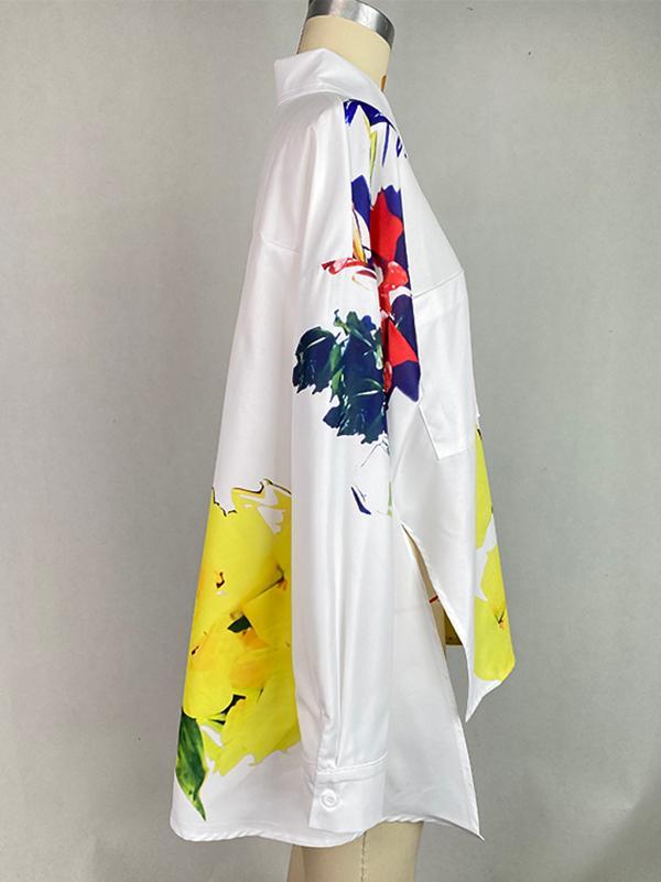 High-Low Long Sleeves Buttoned Flower Print Pockets Split-Side Stand Collar Blouses&Shirts Tops Product Image