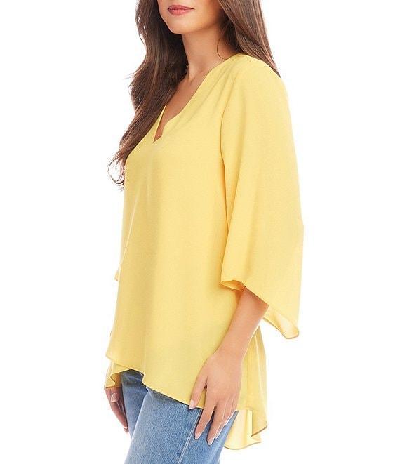 Karen Kane Silky Crepe V-Neck 3/4 Flutter Sleeve Asymmetric Crossover Hem Top Product Image