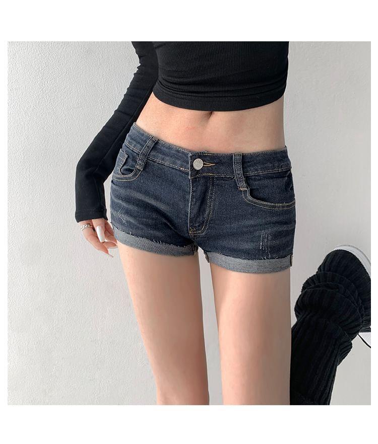 Low Rise Washed Roll Up Hem Denim Shorts Product Image