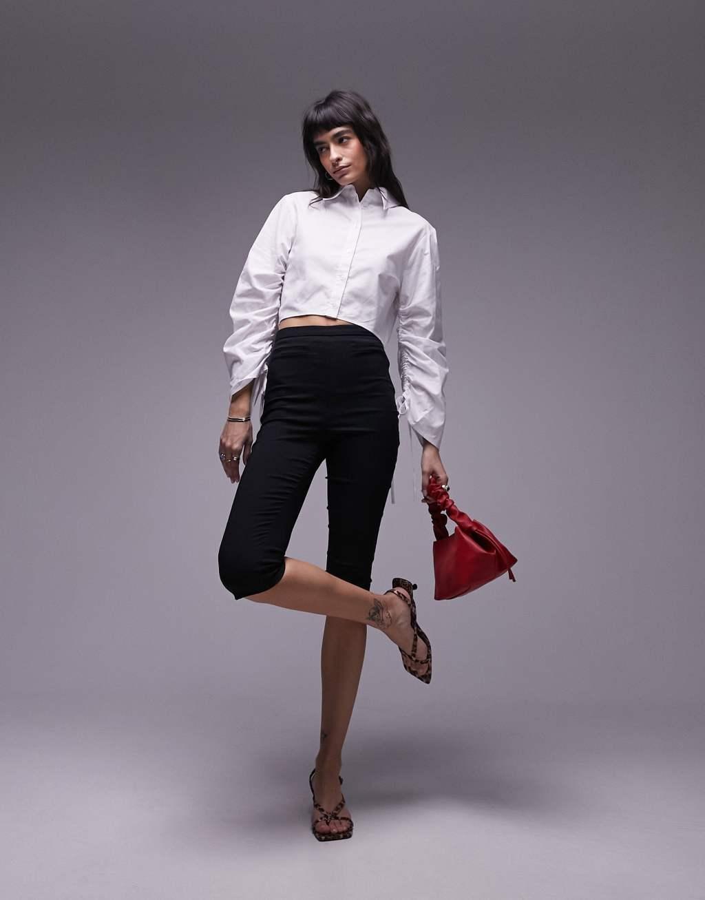 Topshop ruched sleeve poplin crop shirt Product Image