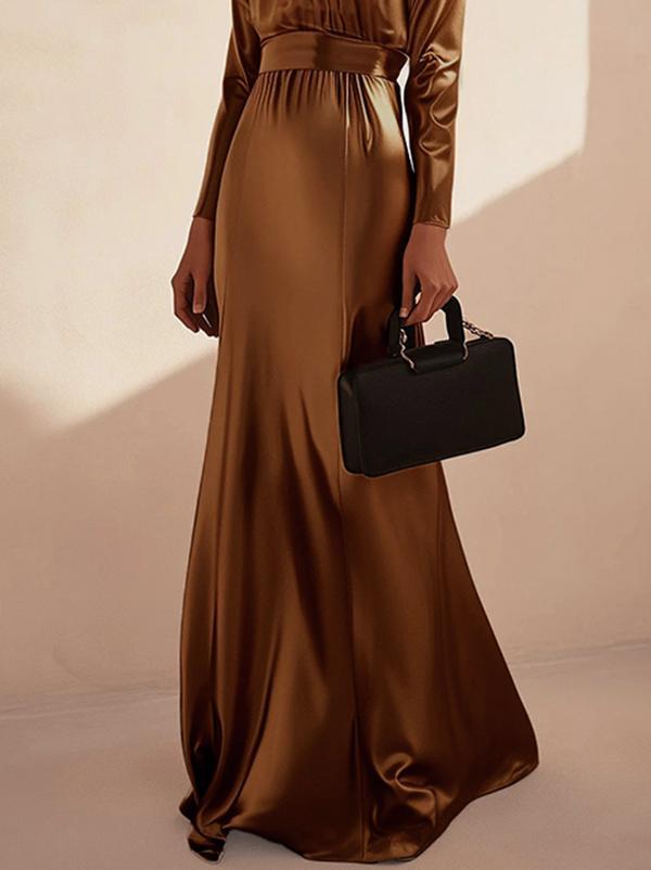 Long Sleeves Loose Pleated Shiny Solid Color Split-Joint Tied Waist High Neck Evening Dresses Maxi Dresses Product Image