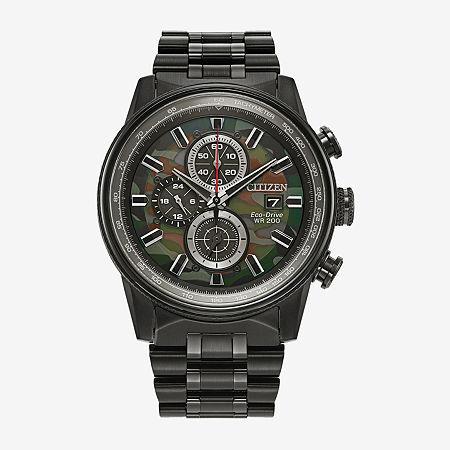 Citizen Mens Eco-Drive Weekender Nighthawk Stainless Steel Camo Dial Chronograph Bracelet Watch Black Product Image