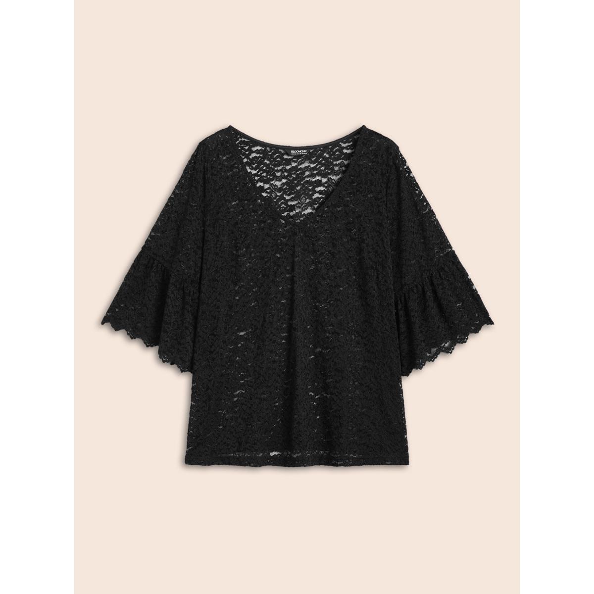Plus Size Black Stretch Lace Mesh Ruffle Trim Blouse Women Elegant Elbow-length sleeve V-neck Everyday Blouses BloomChic 12/L Product Image