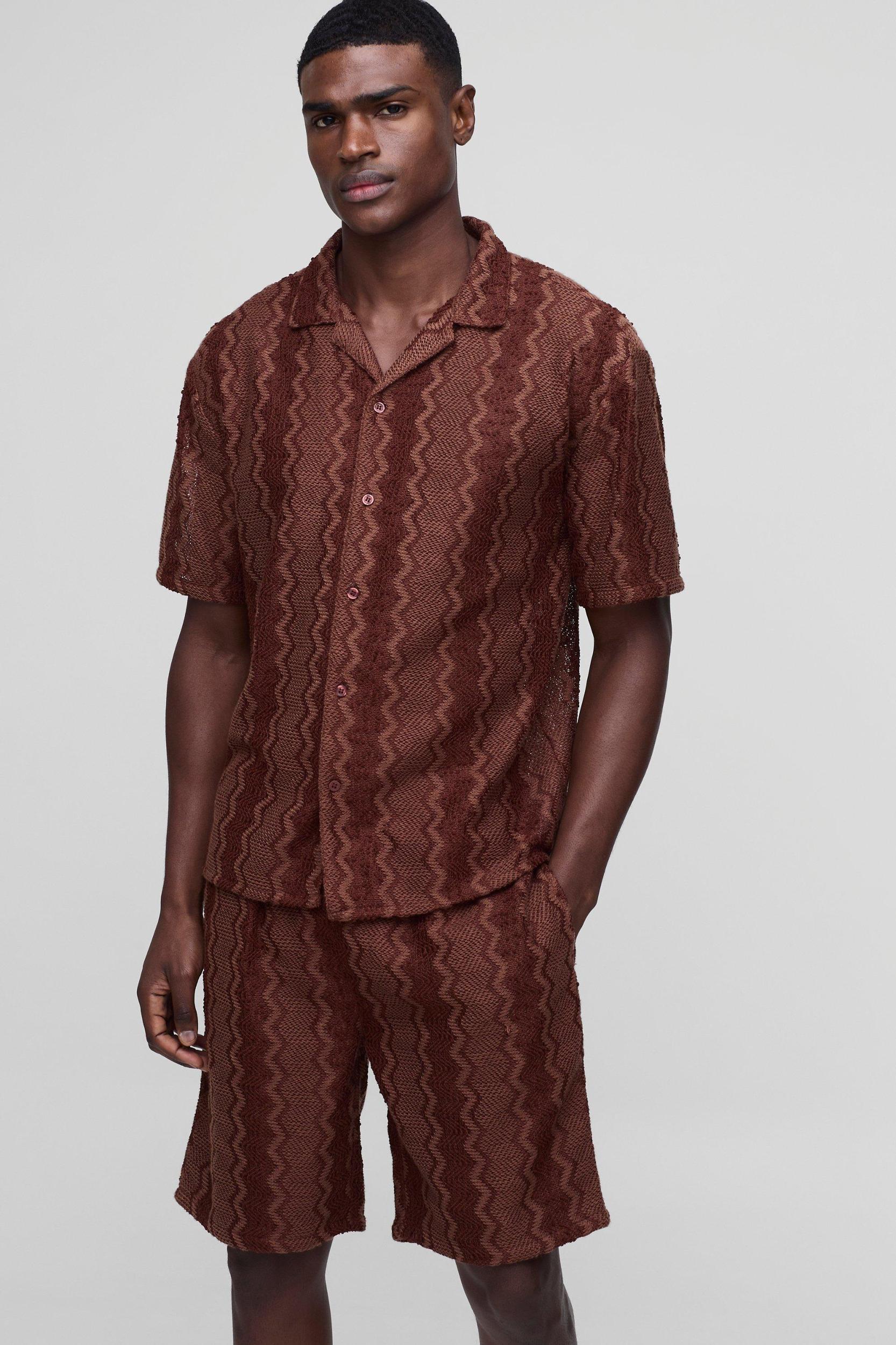 Oversized Drop Revere Open Weave Shirt & Short Set | boohooMAN USA Product Image