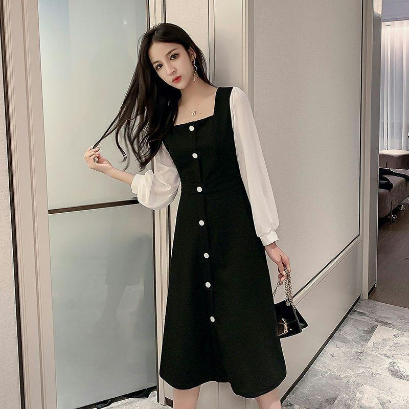 Puff-Sleeve Square Neck Two Tone A-Line Dress Product Image