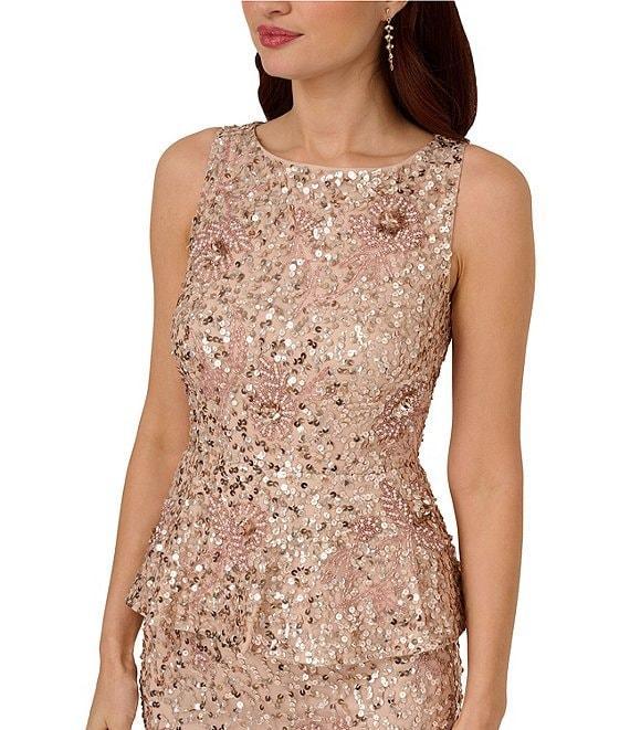 Adrianna Papell Boat Neck Beaded Mesh Peplum Dress Product Image