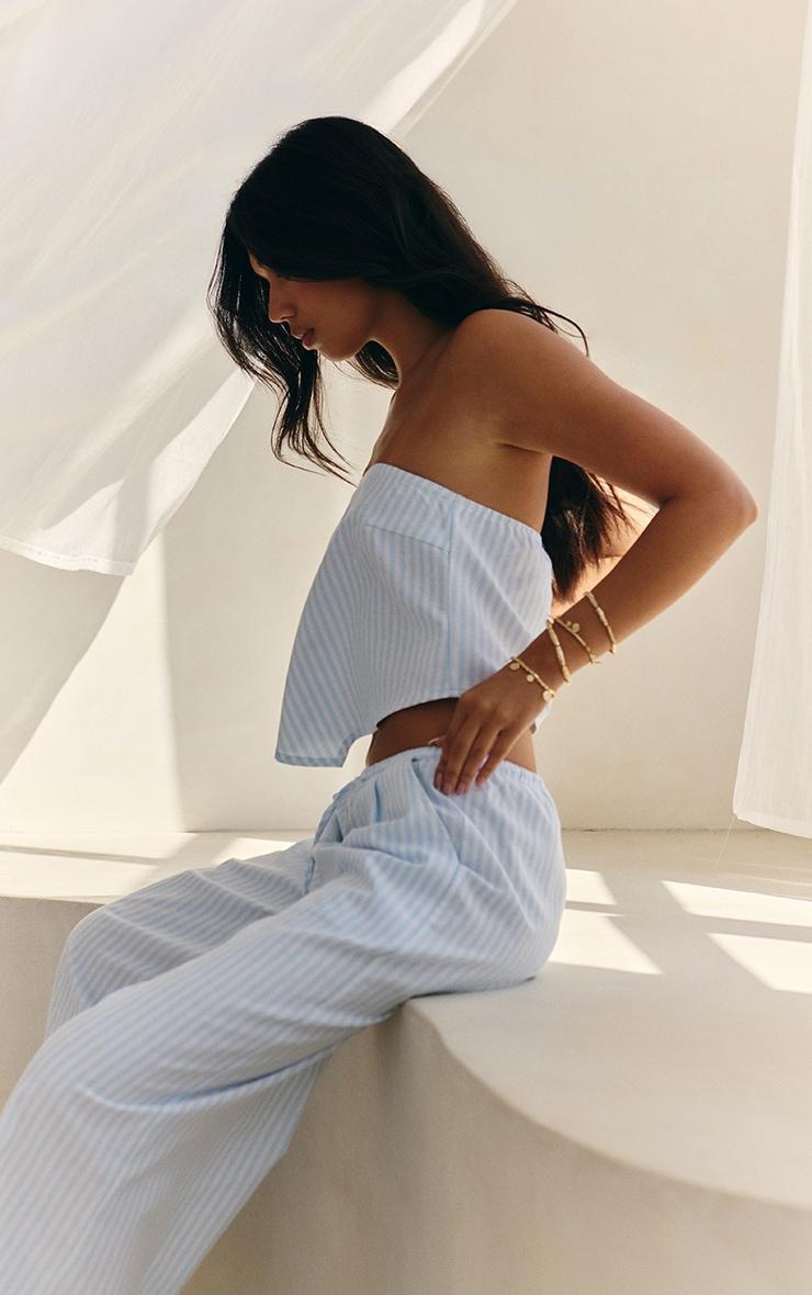 Blue Pinstriped Bandeau Dipped Hem Top Product Image