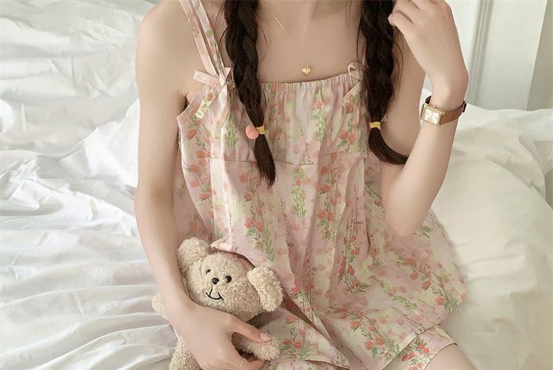 Spaghetti Strap Square Neck Floral Print Bow Accent Midi Pajama Dress / Camisole Top / Shorts / Set Product Image