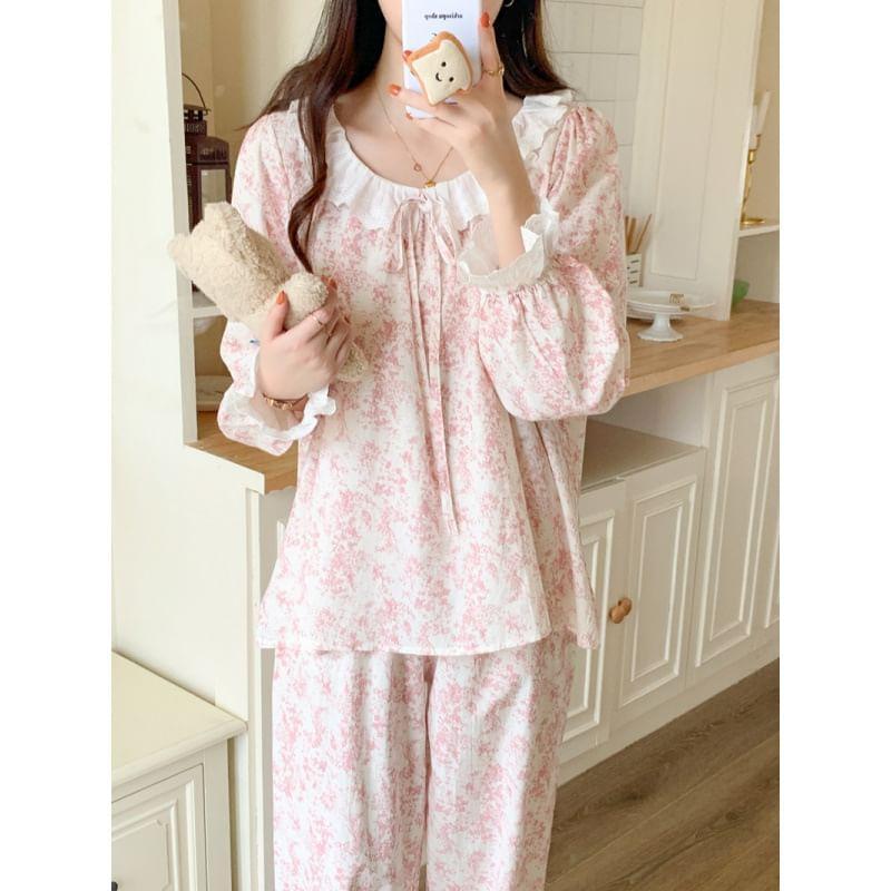 Couple Matching Pajama Set: Long-Sleeve Floral Print Top + Pants (Various Designs) Product Image