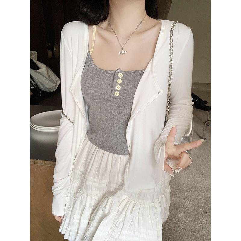 Long Sleeve Plain Slim-Fit Crop Lightweight Cardigan Product Image