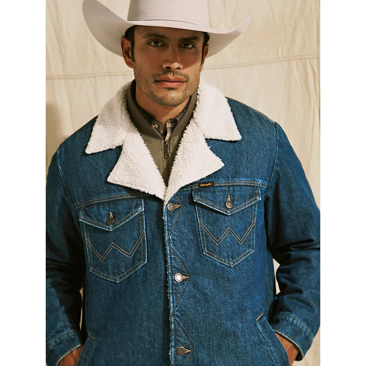 Men's Western Sherpa Lined Denim Wrange Jacket in Medium Wash Product Image