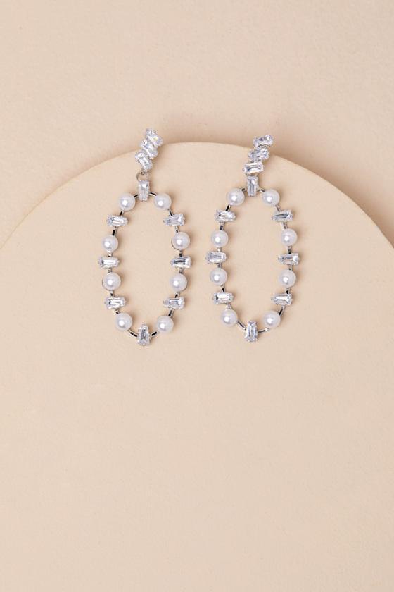 Kayleigh Silver Rhinestone Pearl Statement Earrings Product Image