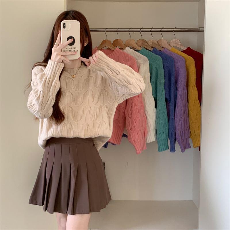 Long-Sleeve Crewneck Cable Knit Sweater Product Image