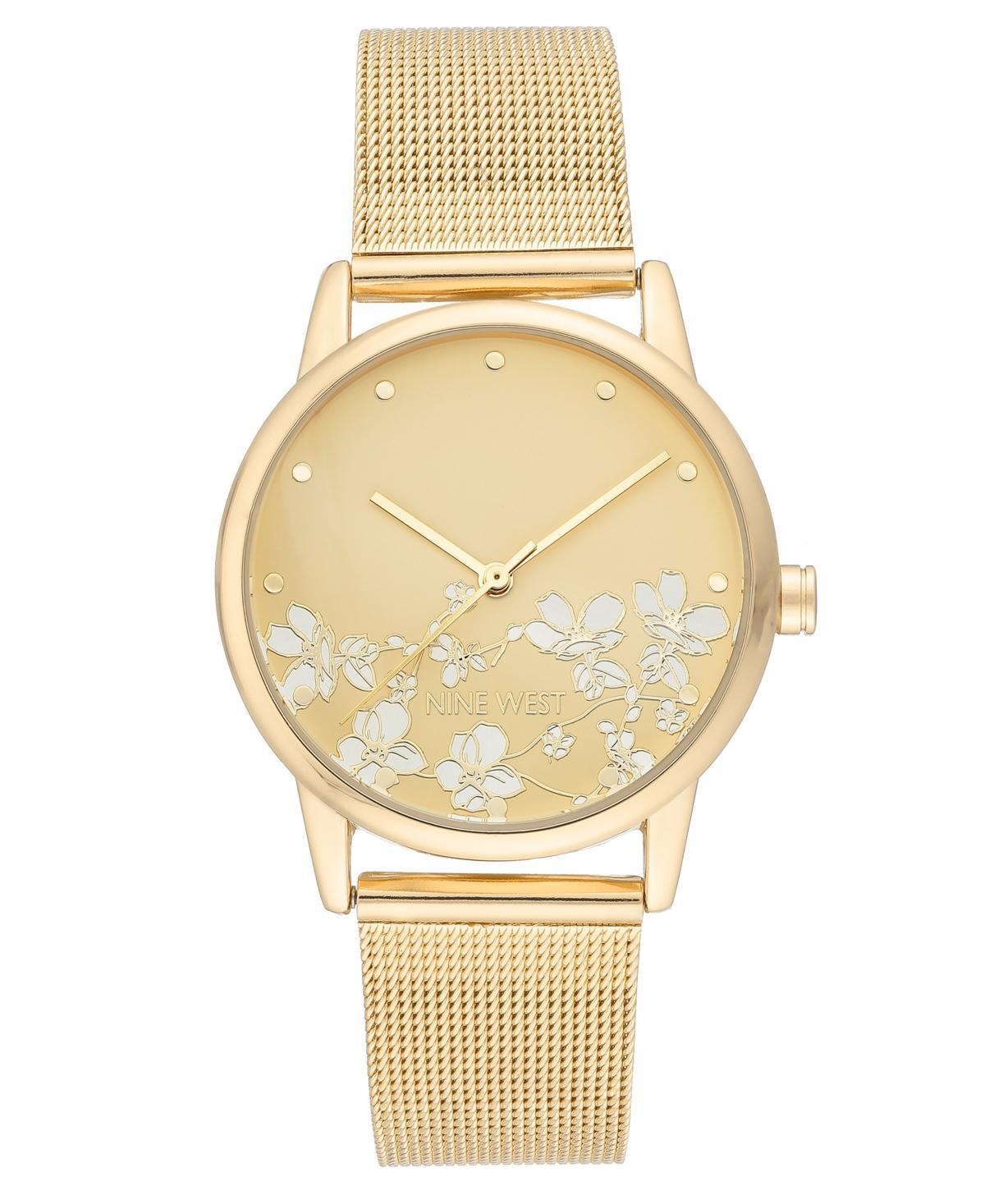 Nine West Womens Stainless Steel Mesh Bracelet Watch with Flower Dial Gold Tone Product Image