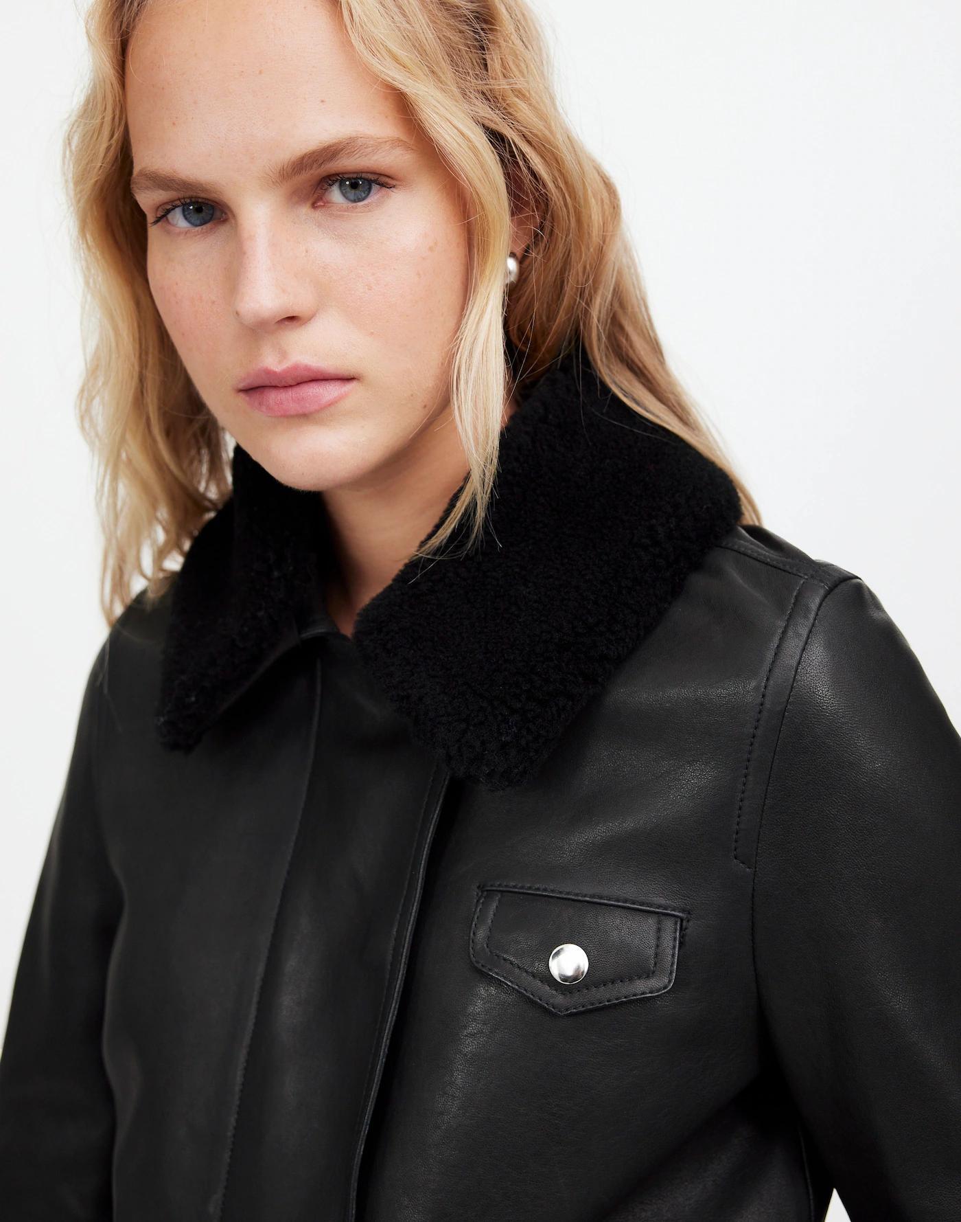 Sherpa-Collar Asymmetric Zip-Front Jacket in Leather Product Image