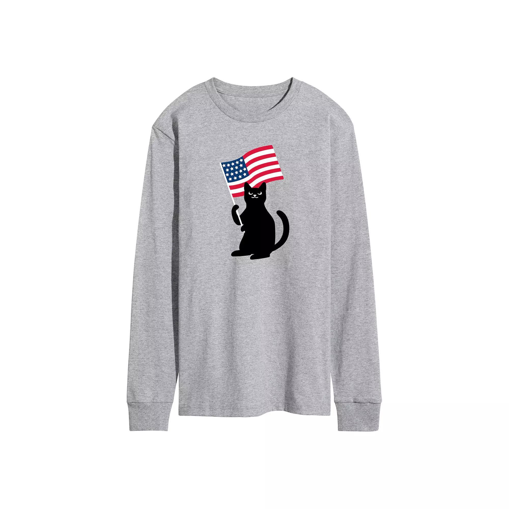 Men's Black Cat With Flag Long Sleeve Graphic Tee., Size: Small, Grey Gray Product Image